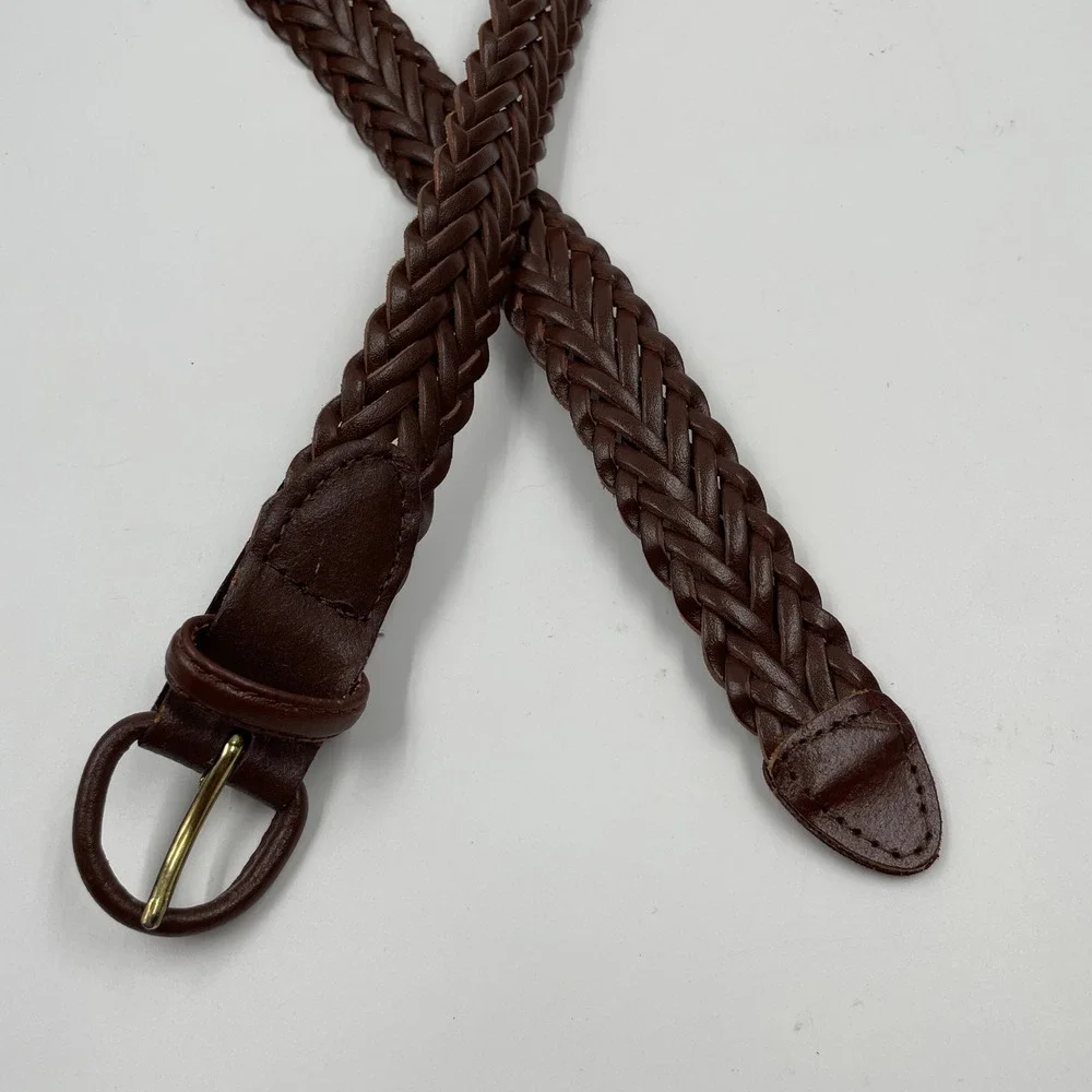 Mens Dark Brown Braided Leather Belt Gold Buckle Woven Casual Size 44/46 48 Inch